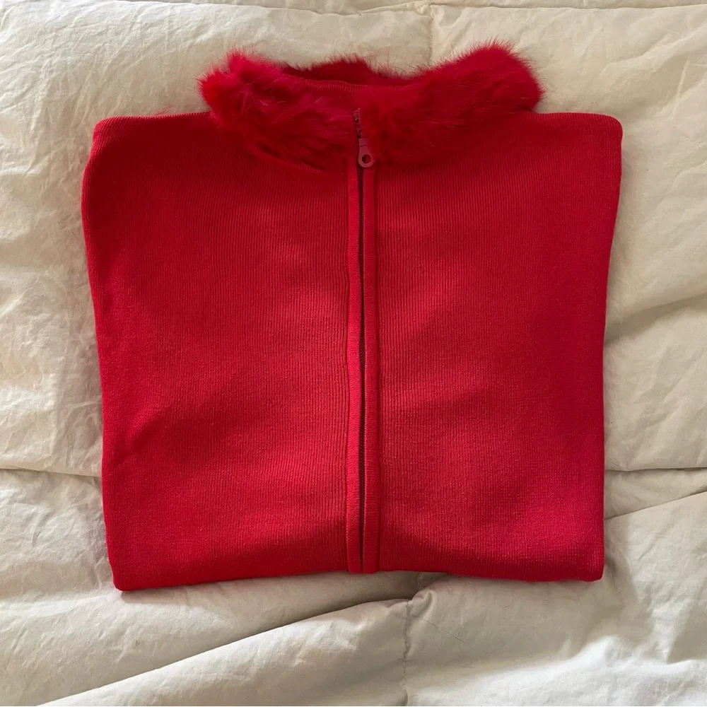 Luxurious SILK Blend Zip Up Cardigan with Plush Fur Collar - Quiet Luxe Small - Picture 8 of 11